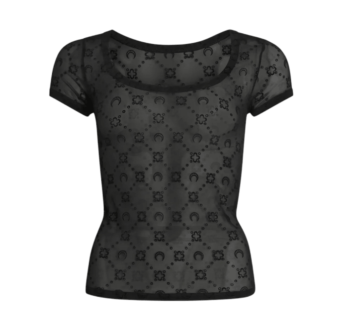 RECYCLED MESH FLOCK OPEN NECK TOP BLACK