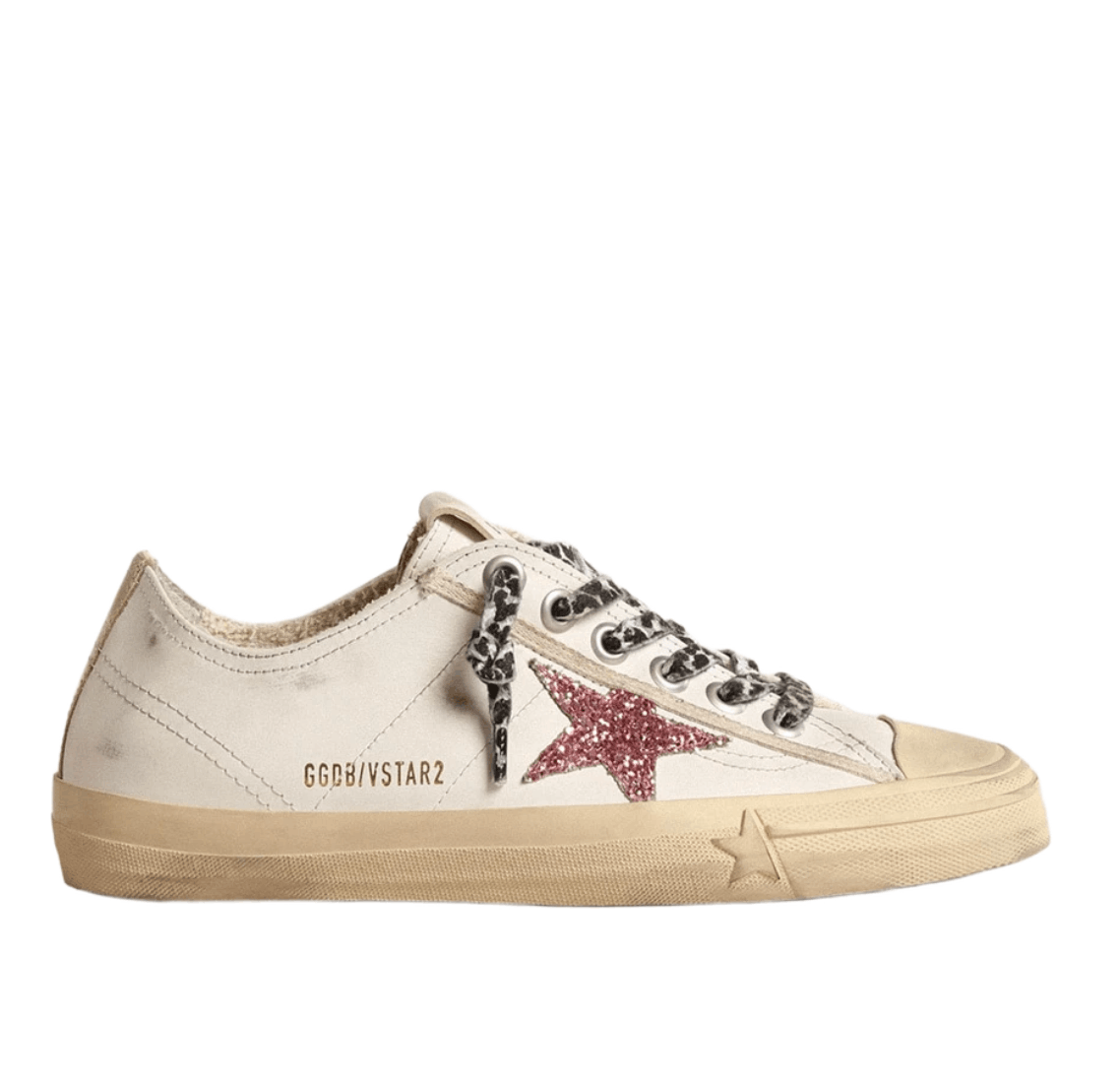 (W) Golden Goose V-Star Pink Glitter Star Platinum Metallic Leather Heel Tab Sneakers White