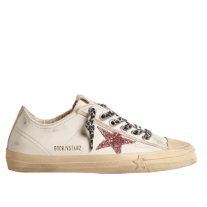 (W) Golden Goose V-Star Pink Glitter Star Platinum Metallic Leather Heel Tab Sneakers White