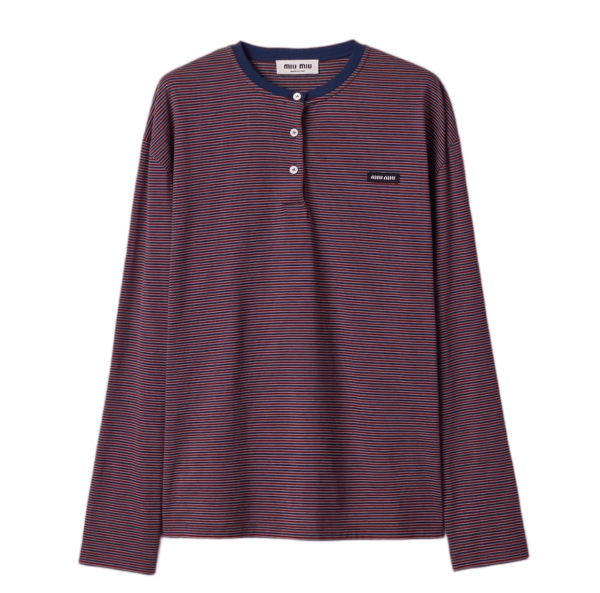 (W) Miu Miu Striped Jersey T-Shirt Navy Blue Garnet
