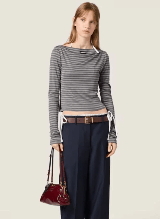 (W) Miu Miu Striped Jersey Top Slate Gray White