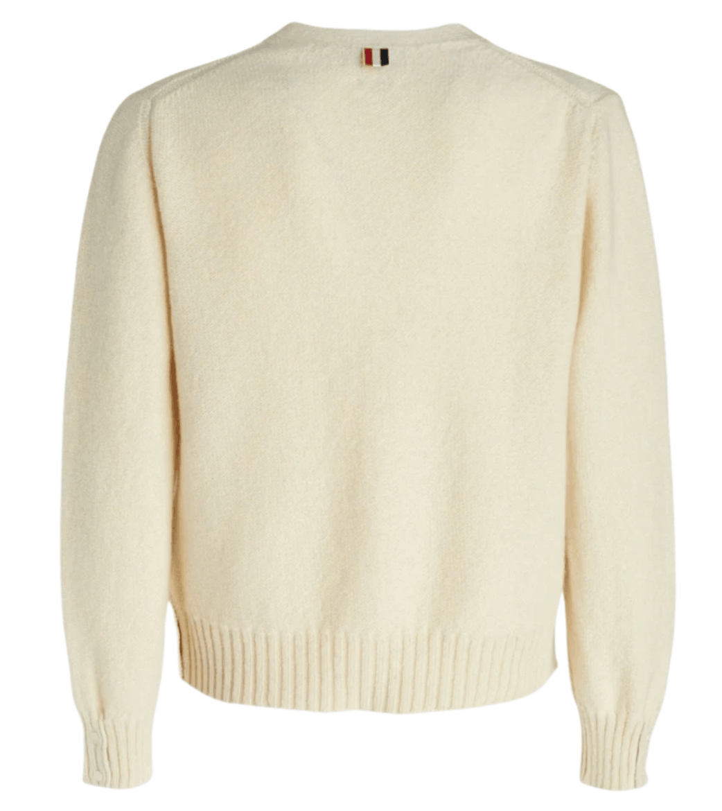Thom Browne Reverse Jersey Stitch Donegal 4-Bar V-Neck Cardigan White