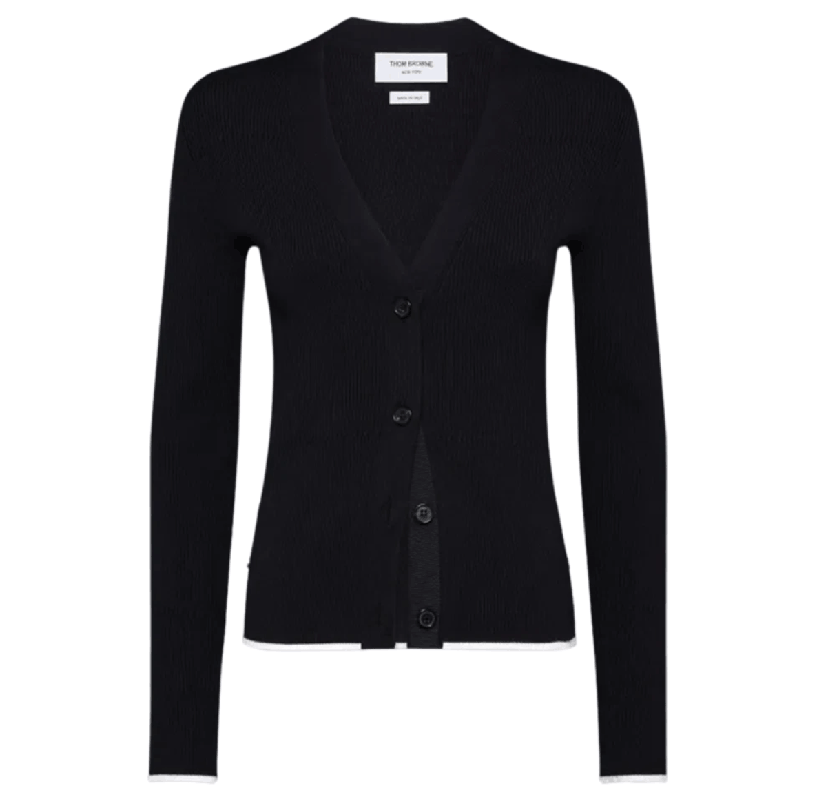 (W) Thom Browne Wool Silk Blend Tipping Rib Stitch Cable Cardigan Black