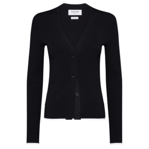 (W) Thom Browne Wool Silk Blend Tipping Rib Stitch Cable Cardigan Black