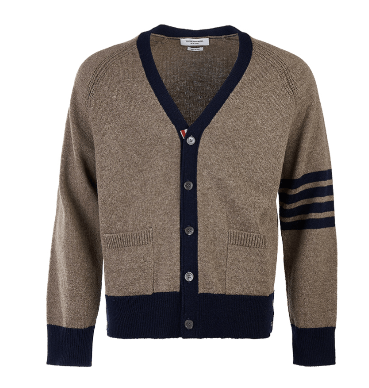 Thom Browne Shetland Wool Raglan 4-Bar Relaxed V-Neck Cardigan Medium Brown
