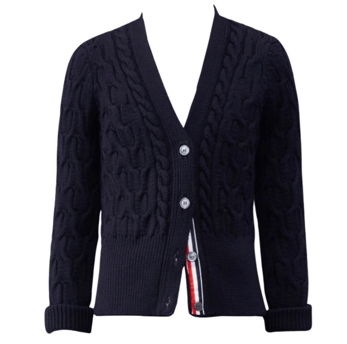 (W) Thom Browne Merino Crisscross Cable Roll 3/4 Sleeve V-Neck Cardigan Navy