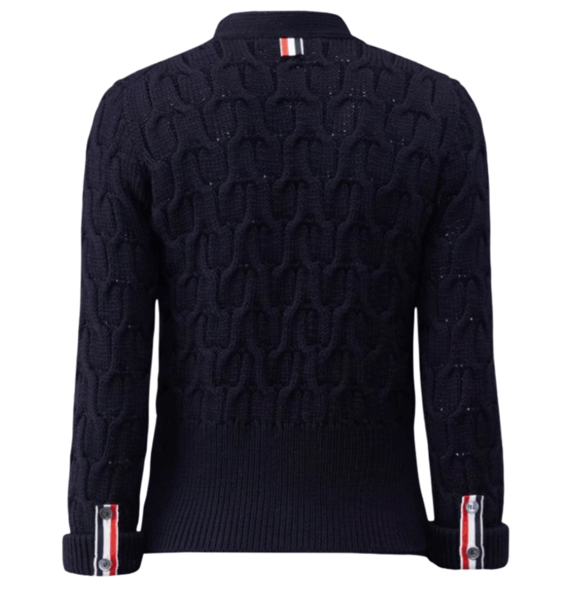 (W) Thom Browne Merino Crisscross Cable Roll 3/4 Sleeve V-Neck Cardigan Navy