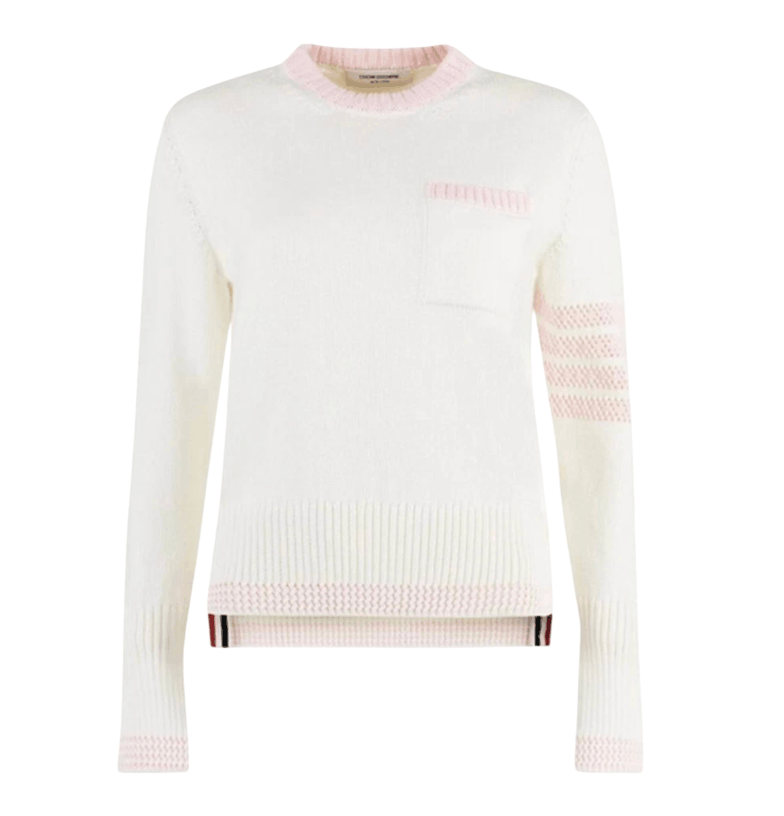 (W) Thom Browne Jersey 4-Bar Crew Neck Pointelle Pullover White