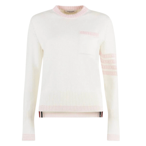 (W) Thom Browne Jersey 4-Bar Crew Neck Pointelle Pullover White