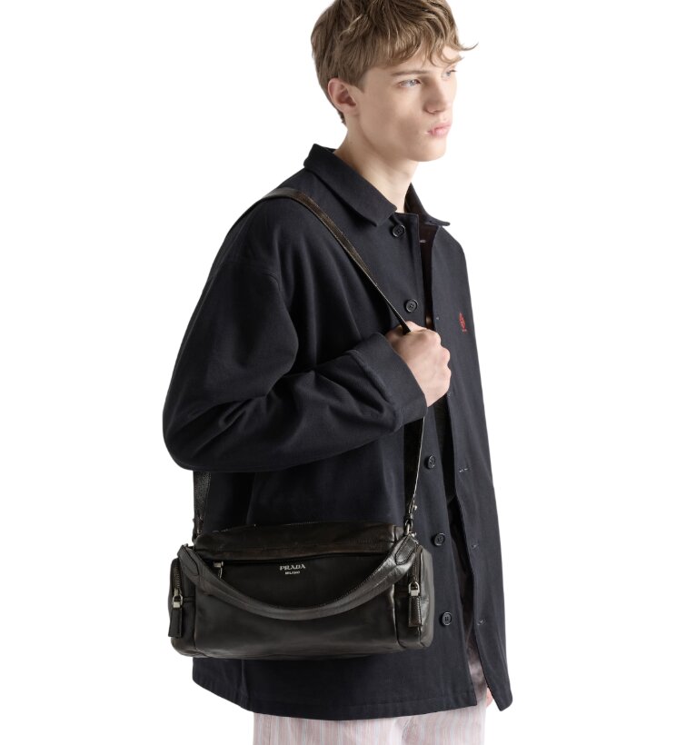 Distressed nappa leather shoulder bag - Dark Brown