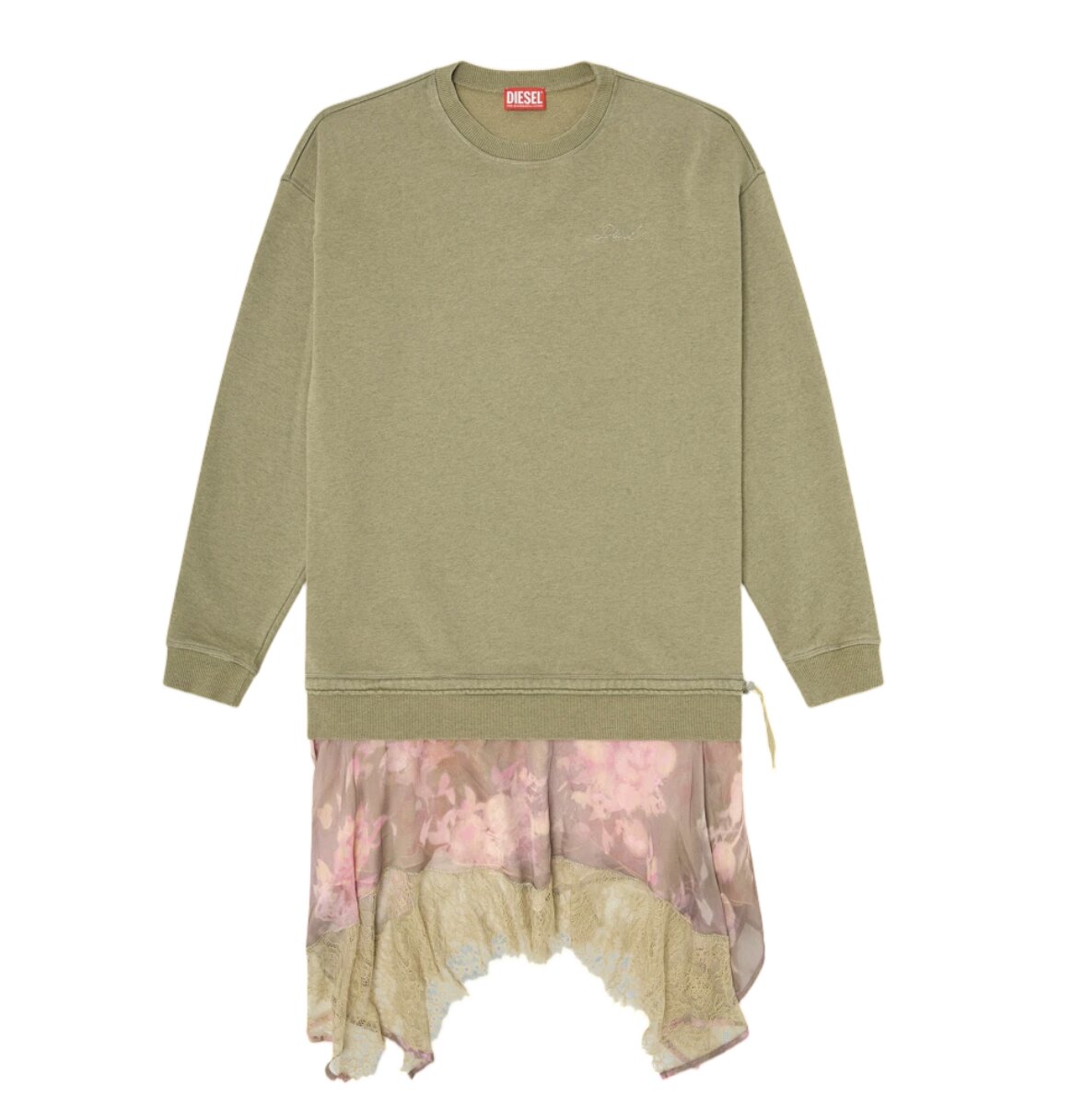 (W) Diesel Sweatshirt Dress with Chiffon and Lace Skirt Pink Green