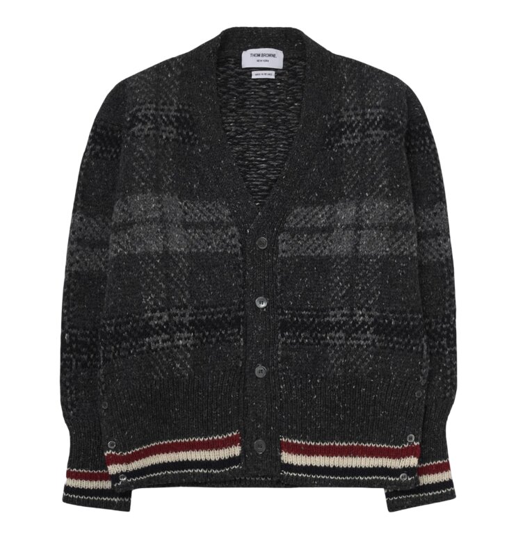 Thom Browne Donegal Tartan Stripe V-Neck Cardigan Grey