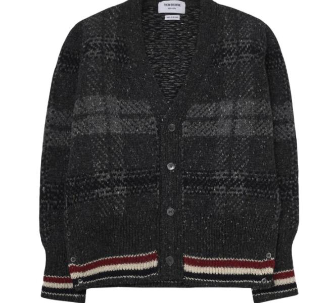 Thom Browne Donegal Tartan Stripe V-Neck Cardigan Grey
