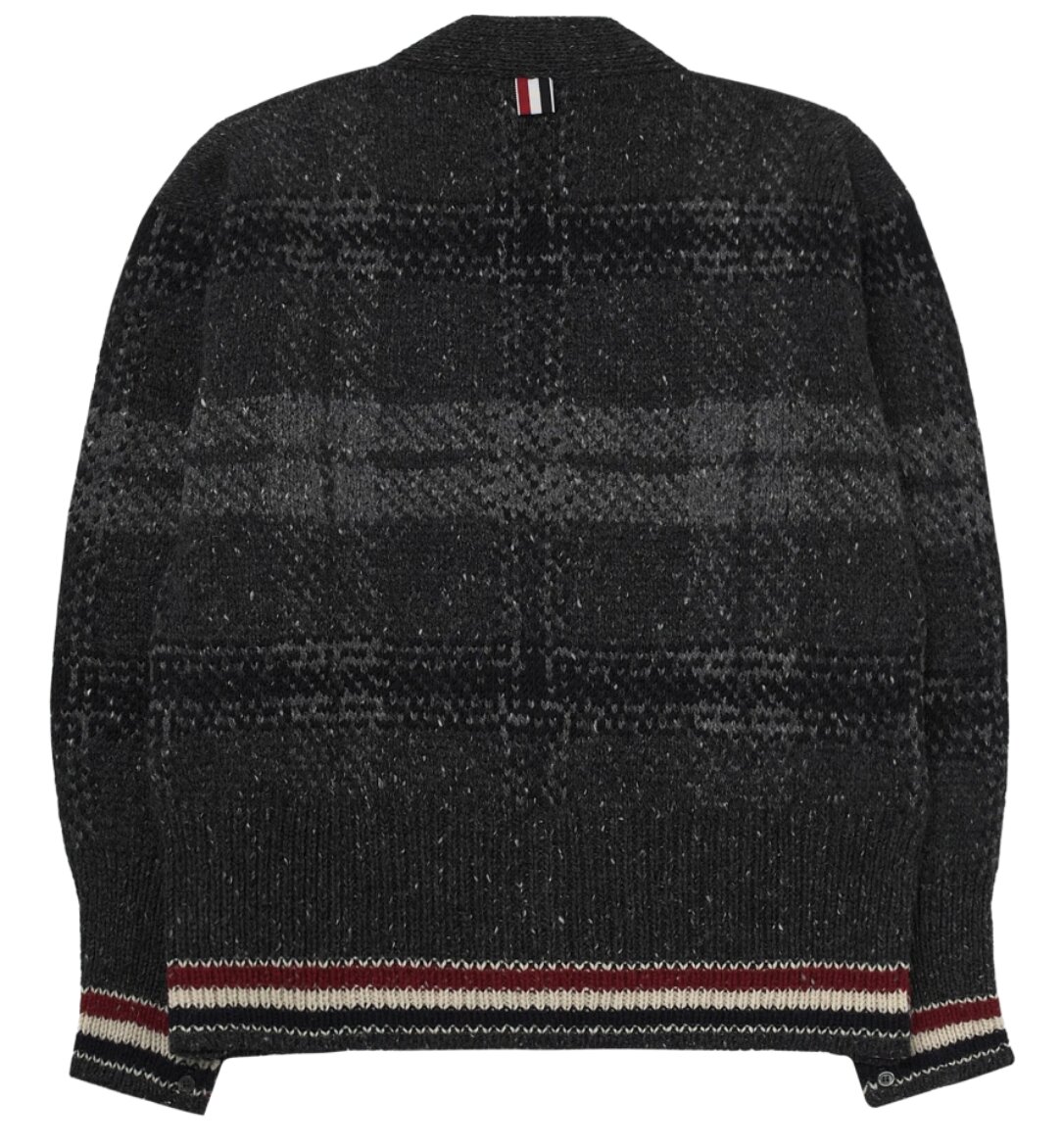 Thom Browne Donegal Tartan Stripe V-Neck Cardigan Grey