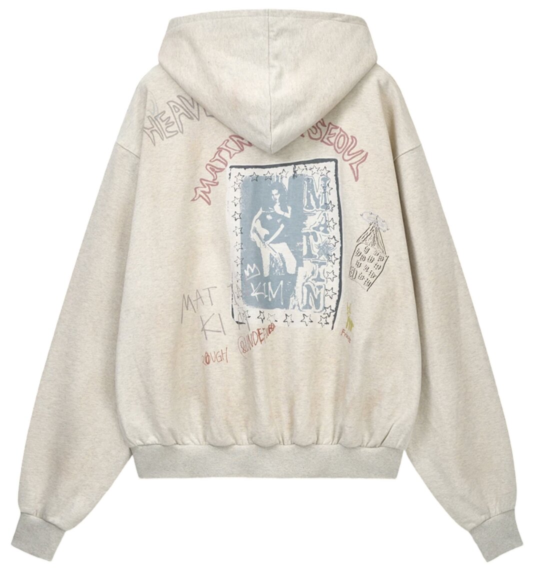 Matin Kim Vintage Washed Graffiti Hoody Zip Up In Beige