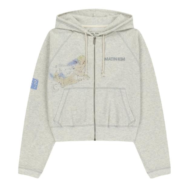 (W) Matin Kim Sketch Graffiti Waffle Hoody Zip Up In Light Beige