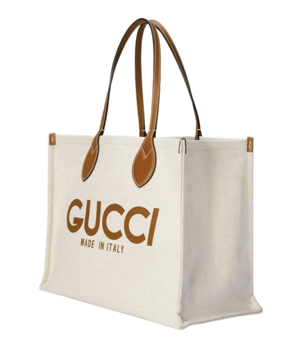 Gucci Medium Tote Bag with Print Cotton Linen Canvas Beige Light brown