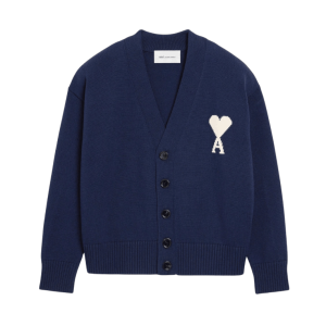 AMI Blue Wool Ami De Coeur Cardigan Ink Off White