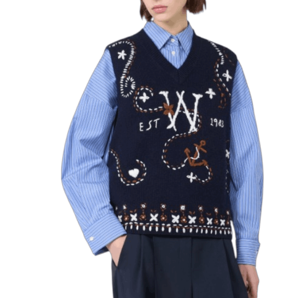 Wool yarn gilet with embroidery, ultramarine