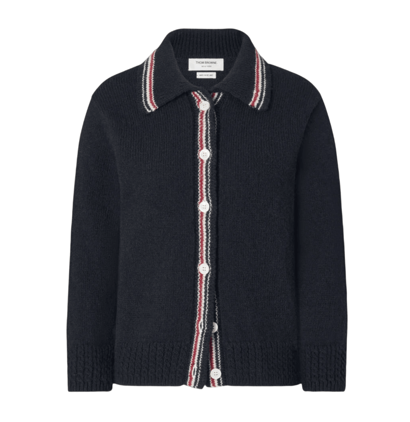 (W) Thom Browne Donegal RWB Stripe Hector Pointelle Cardigan Navy