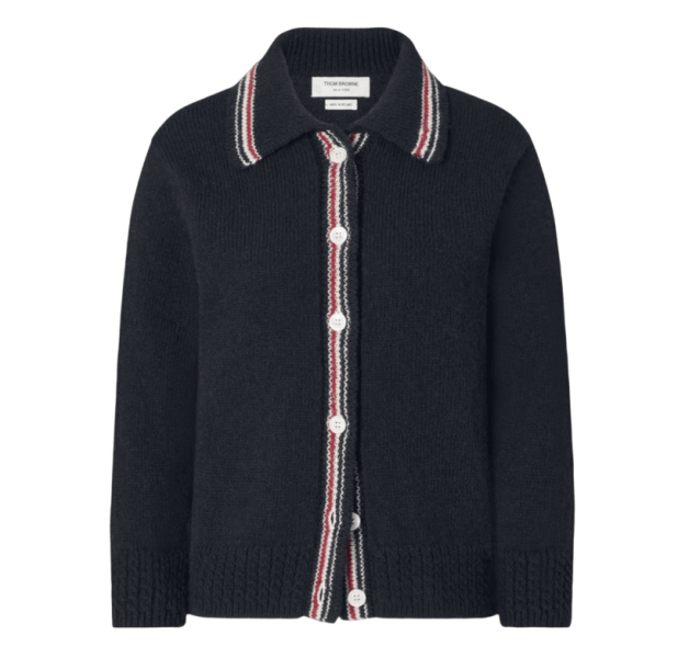 (W) Thom Browne Donegal RWB Stripe Hector Pointelle Cardigan Navy