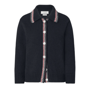 (W) Thom Browne Donegal RWB Stripe Hector Pointelle Cardigan Navy