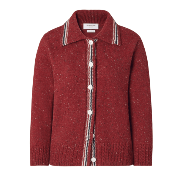 (W) Thom Browne Donegal RWB Stripe Hector Pointelle Cardigan Red