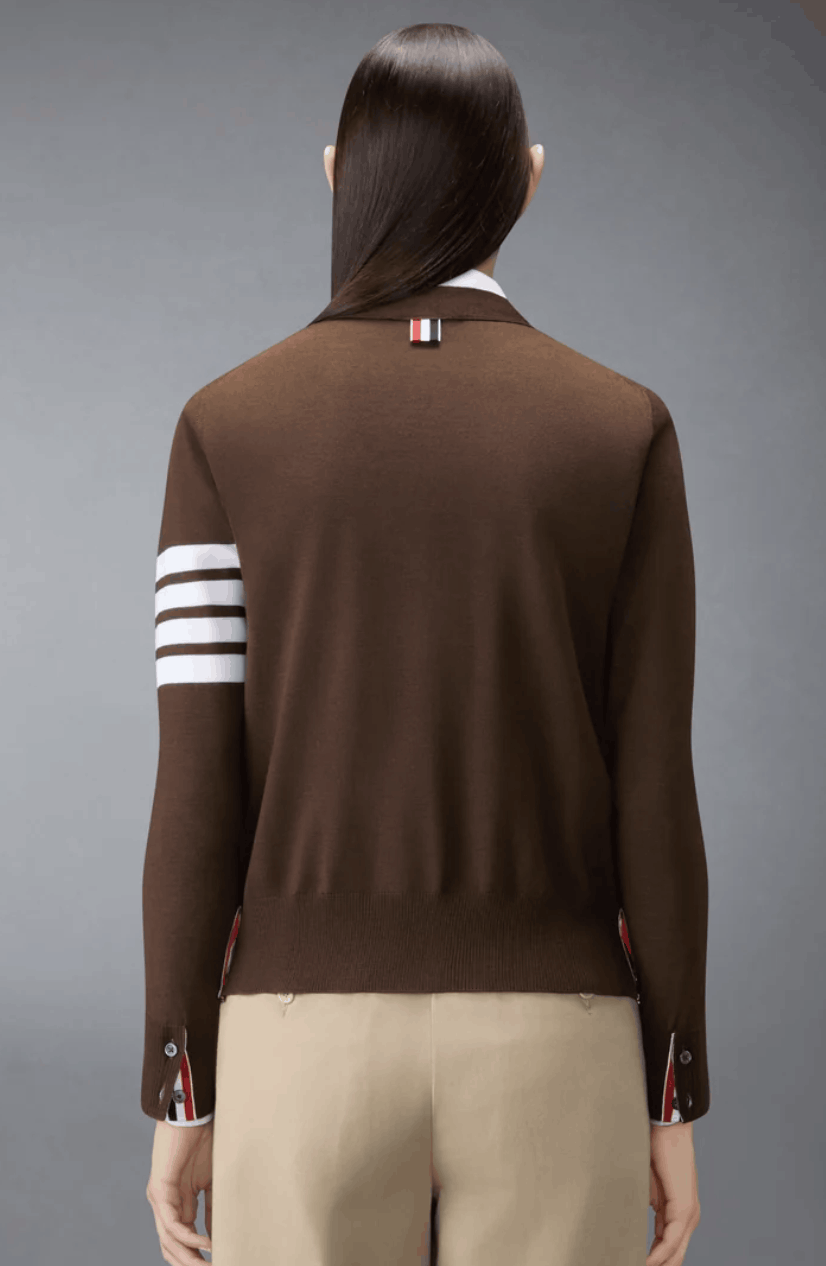 MERINO WOOL 4-BAR RELAXED FIT V-NECK CARDIGAN - brown