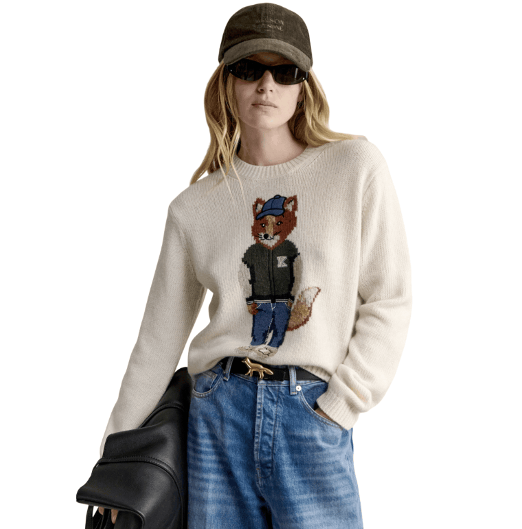 DRESSED FOX INTARSIA WOOL JUMPER - Pure ecru