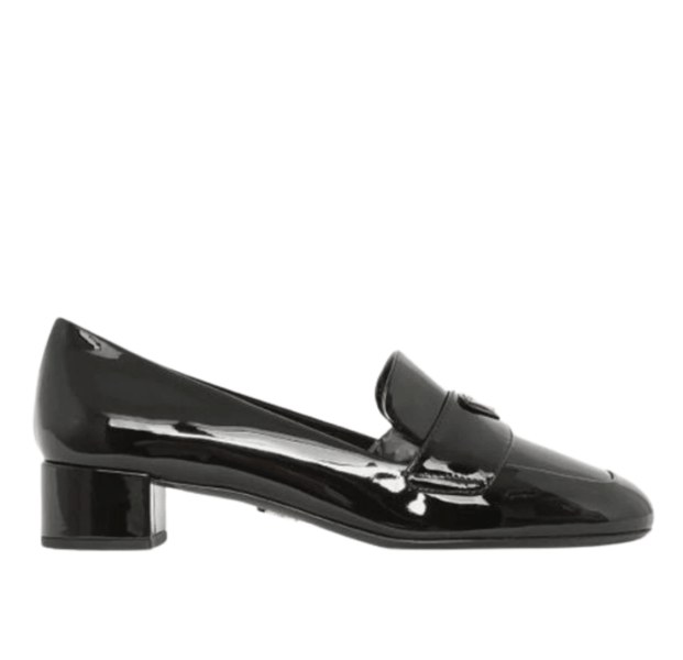 (W) Prada Triangle Logo Patent Leather Loafers Black