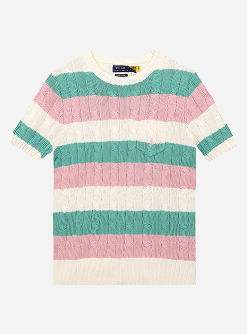 STRIPED CABLE KNIT SHORT SLEEVE SWEATER