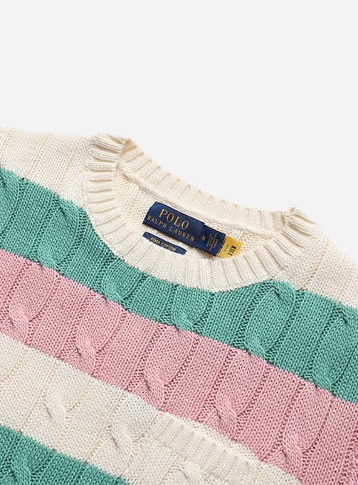 STRIPED CABLE KNIT SHORT SLEEVE SWEATER