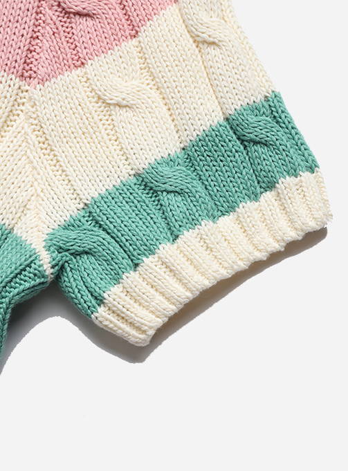 STRIPED CABLE KNIT SHORT SLEEVE SWEATER
