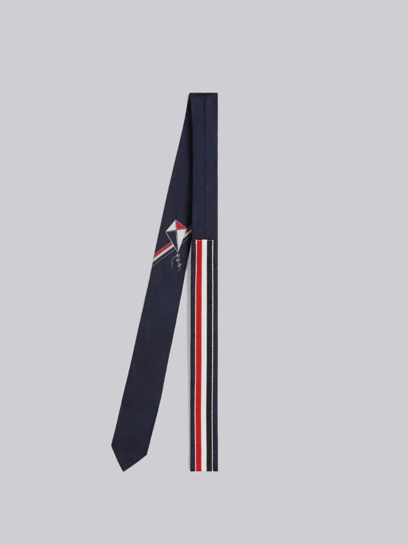 NAVY SILK JACQUARD STRIPE KITE ICON TIE