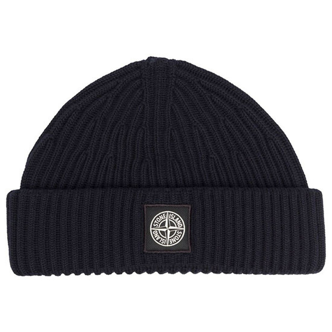 Logo patch ribbed rool beanie ( Navy)