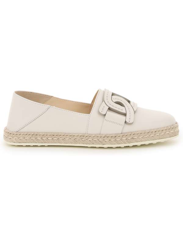 Chain buckle espadrille and leather slip-ons