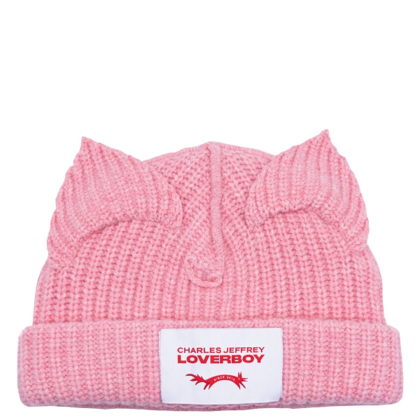 Logo Patch Chunky Ear Rams Wool Beanie Pink