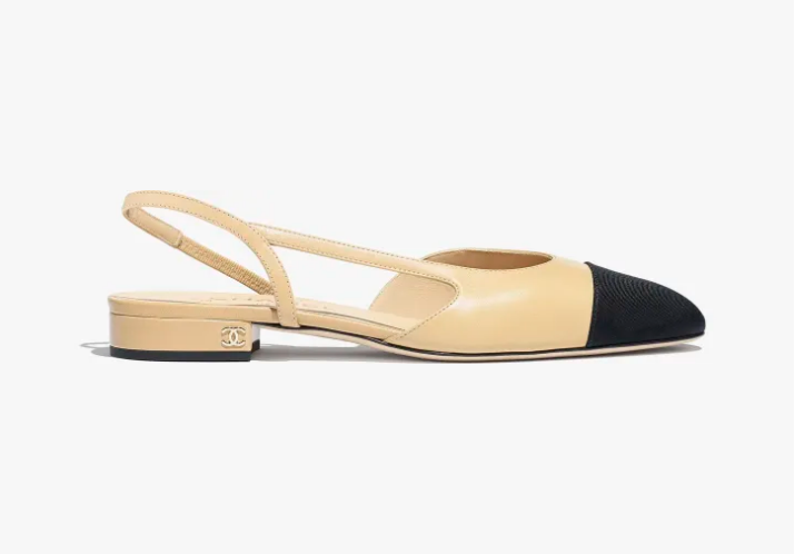 Chanel Slingbacks Goatskin Grosgrain & Beige Black