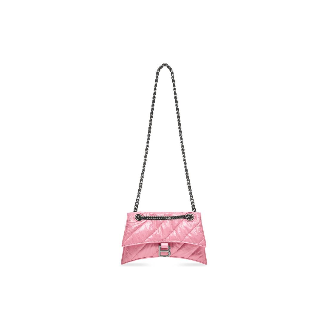 Small Chain Bag in Pink Crushed Calfskin and Aged Silver Hardware Quilted Crush