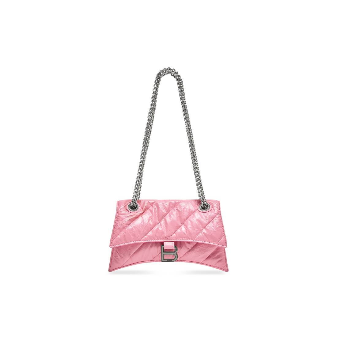 Small Chain Bag in Pink Crushed Calfskin and Aged Silver Hardware Quilted Crush
