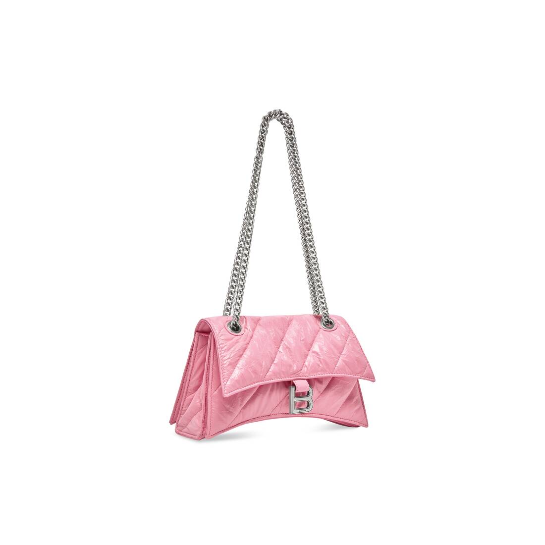 Small Chain Bag in Pink Crushed Calfskin and Aged Silver Hardware Quilted Crush