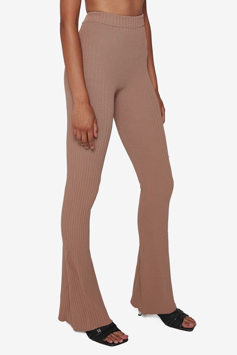 Knitted Flared High Waisted Trousers Beige