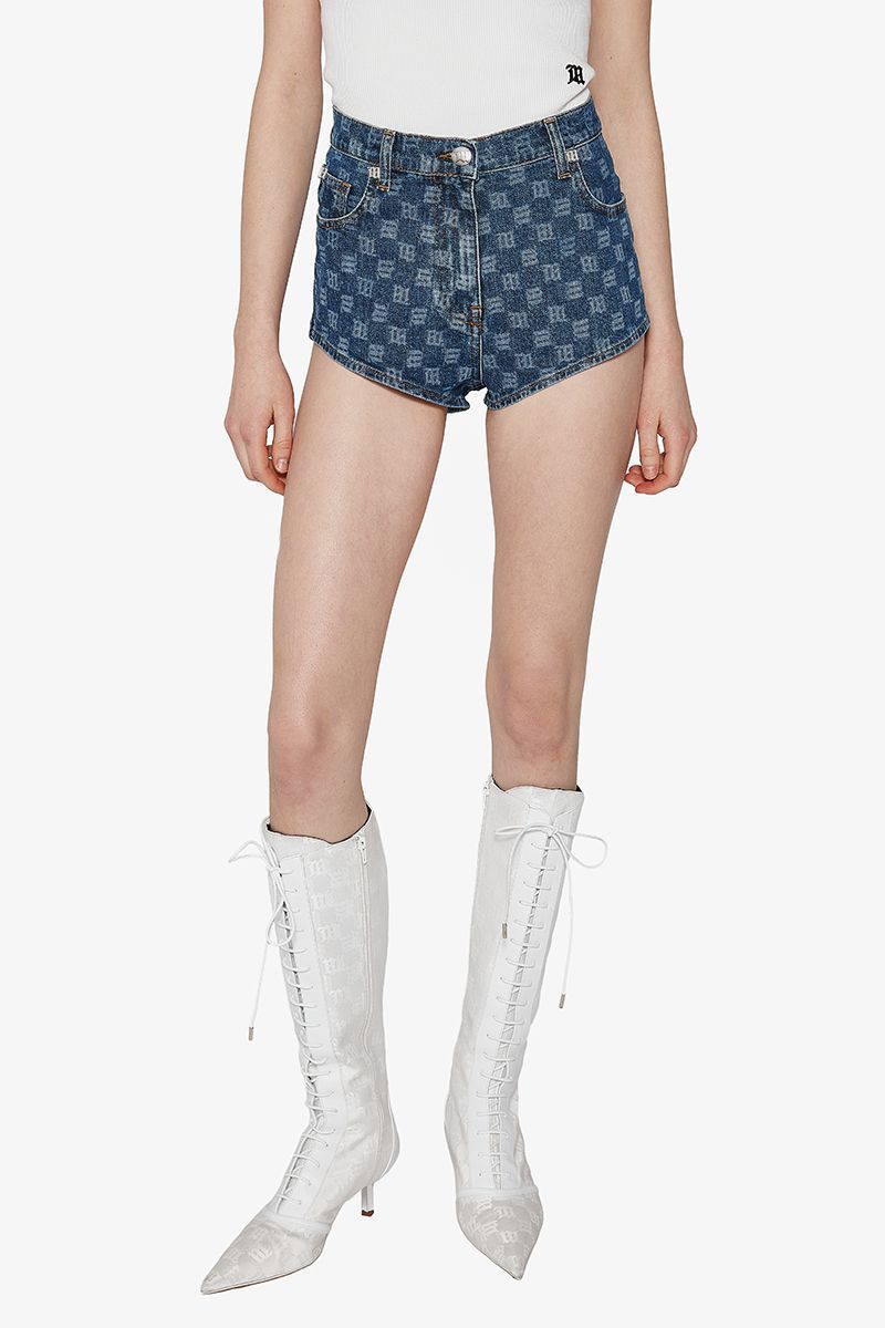 Monogram Denim Mini Shorts Blue