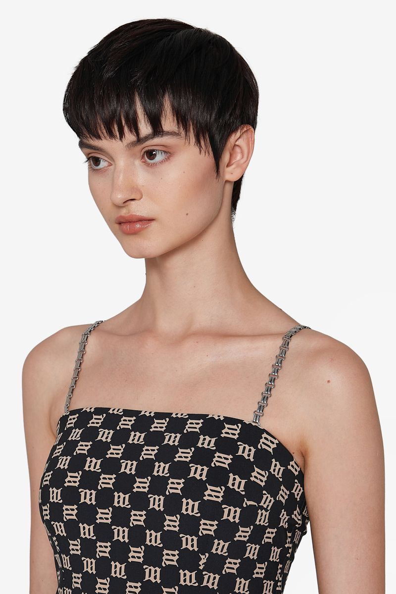 Monogram Spaghetti Mini Dress Black