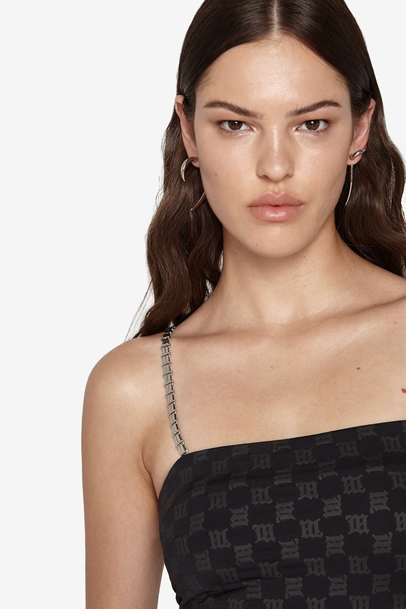 Monogram Spaghetti Mini Dress In Black