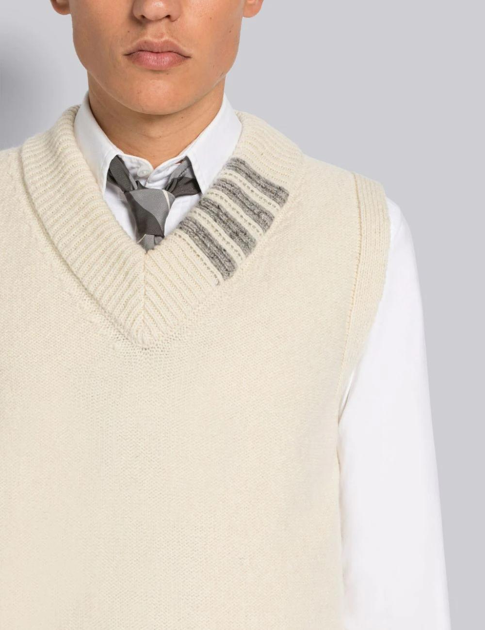 Thom Browne Reverse Jersey Stitch Donegal 4-Bar V-Neck Vest White