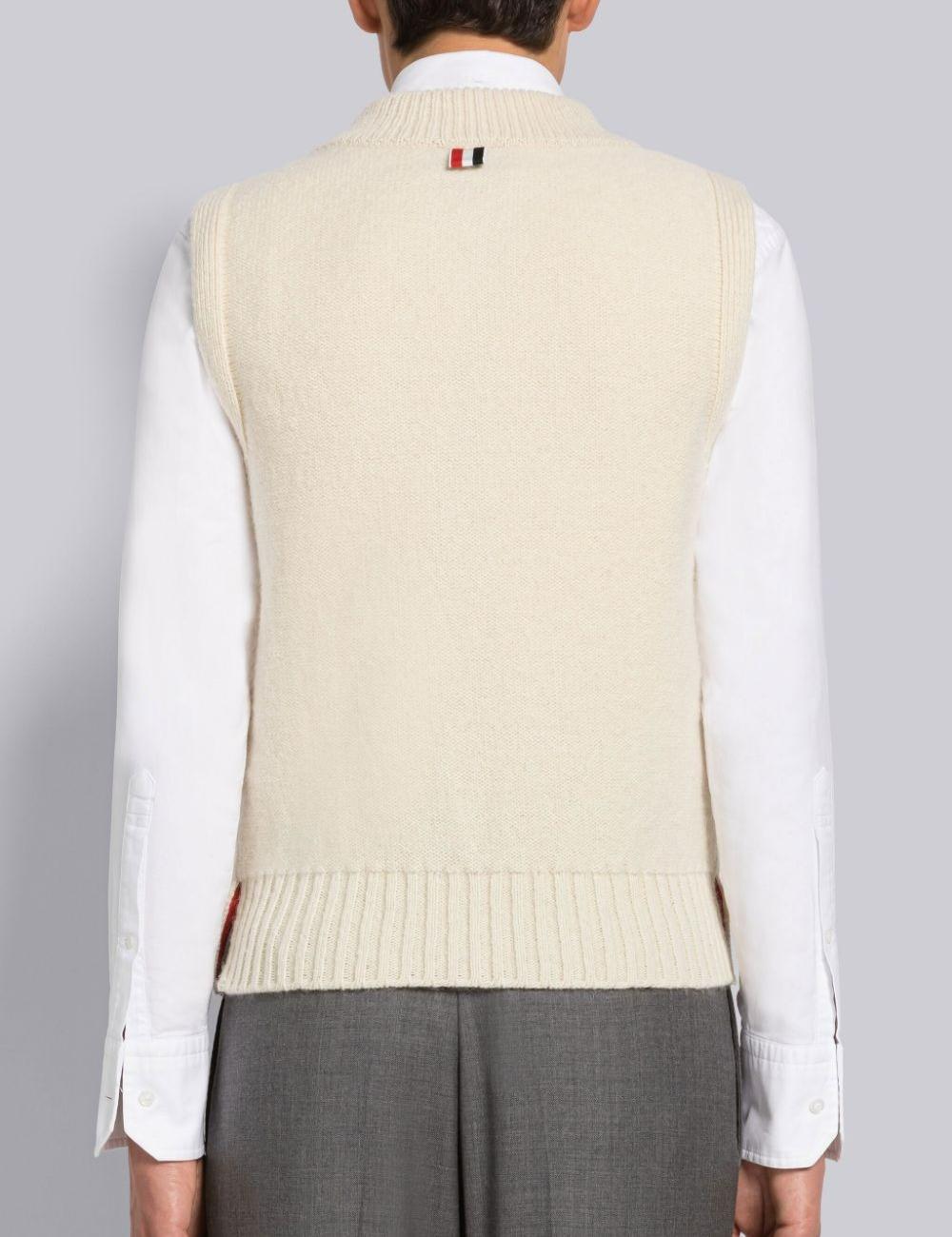 Thom Browne Reverse Jersey Stitch Donegal 4-Bar V-Neck Vest White