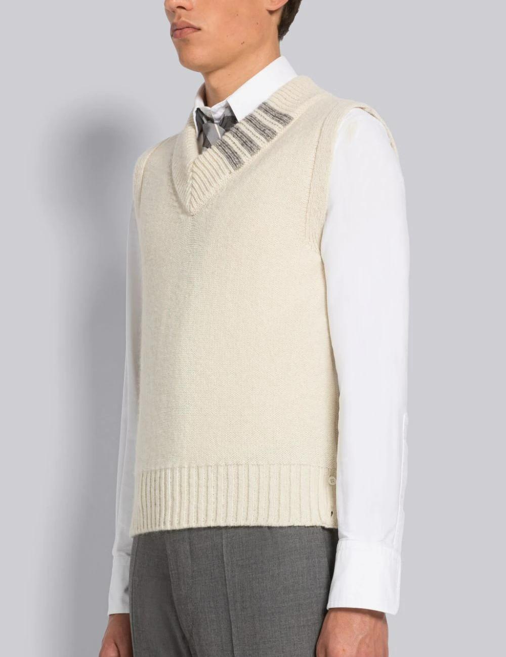 Thom Browne Reverse Jersey Stitch Donegal 4-Bar V-Neck Vest White
