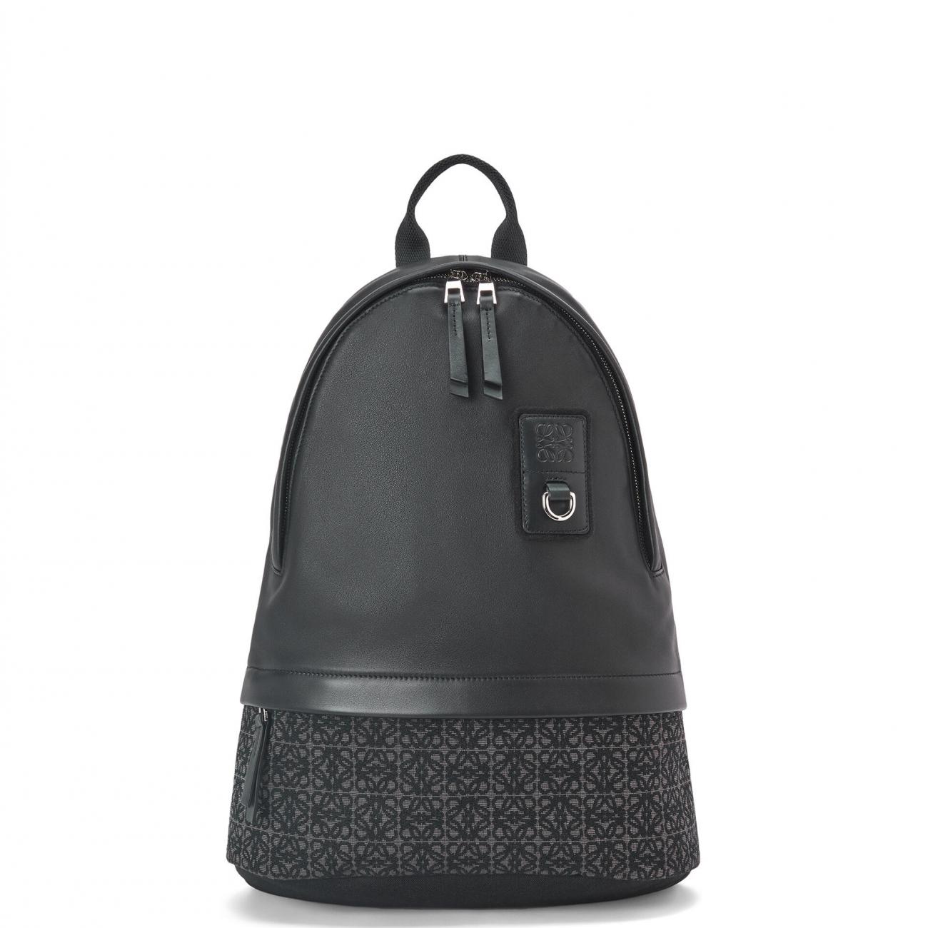 Black Round Slim Backpack in calfskin and Anagram jacquard