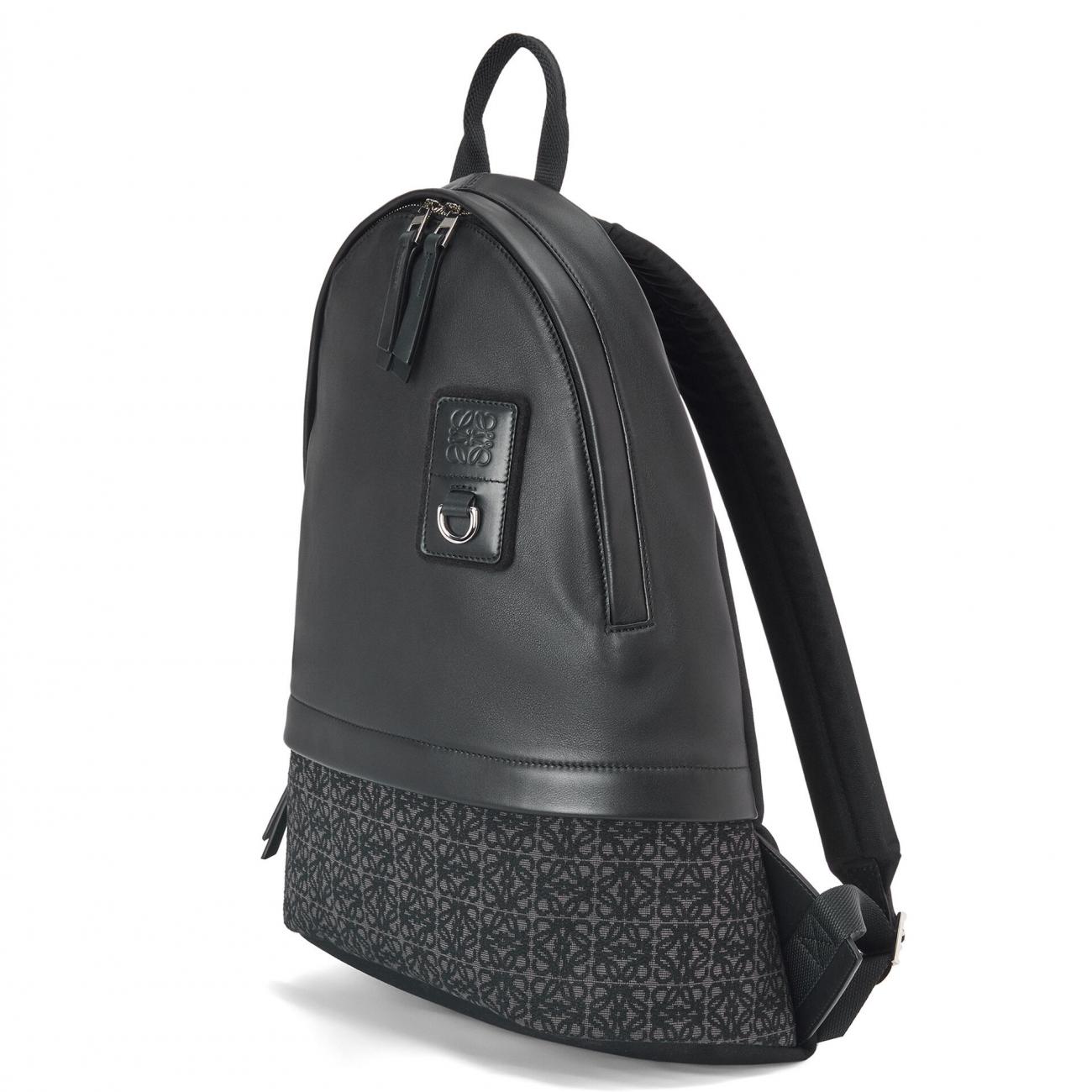 Black Round Slim Backpack in calfskin and Anagram jacquard